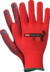 Rękawice robocze nakrapiane PCV RNYDO, model NYDO-COLOR, rozmiar 7. Czerwone, z antypoślizgowym wzorem na dłoni, wykonane z elastycznego materiału zapewniającego ochronę i komfort pracy.