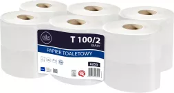 Papier toaletowy Professional T 100/2, biały, w pakiecie sześć rolek. Na opakowaniu informacje o produkcie i kod kreskowy.