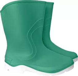 Damskie krótkie kalosze RAINBOW w kolorze miętowym. Wykonane z gumy, lekka i wygodna konstrukcja, idealne na deszczową pogodę. Prosty design z delikatnym zdobieniem na boku.