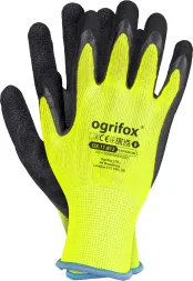 Rękawice ochronne marki Ogrifox, model OX.11.812, z żółtą tkaniną i czarną powłoką lateksową na dłoniach.