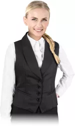 Elegancka damska kamizelka ADORNO w kolorze czarnym, zapinana na cztery guziki, z klasycznym kołnierzem i dwoma kieszeniami. Idealna do formalnych stylizacji.