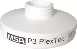 Biały, okrągły filtr cząsteczkowy MSA P3 PlexTec z gwintem do zamocowania. Na filtrze nadrukowana jest nazwa i logo producenta.