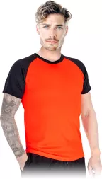 Męski T-shirt BILBAO w kolorze pomarańczowym z czarnymi, krótkimi rękawami. Wykonany z siateczki, dopasowany krój, okrągły dekolt.