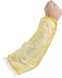 Zarękawki foliowe ze ściągaczami, 100 sztuk, o długości 40 cm. Przezroczyste z żółtym obszyciem, chronią rękaw i przedramię przed zabrudzeniem. Produkt jednorazowego użytku.