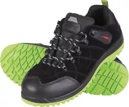 Buty robocze BLACKFIELD S1P z kompozytowym podnoskiem i wkładką, czarne z zieloną podeszwą, sznurowane, przeznaczone do użytku bezpiecznego.