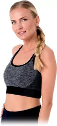 Elastyczny biustonosz sportowy SPORTS-BRA w szaro-czarnym kolorze, z regulowanymi ramiączkami i szerokim pasem pod biustem, zapewniającym wygodne dopasowanie.