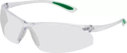Okulary ochronne FEATHER FIT mają przezroczyste soczewki i lekki, biały plastikowy stelaż z zielonymi detalami na zausznikach.