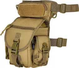 Saszetka biodrowa taktyczna Tactical Guard LEG BAG w kolorze beżowym, z kilkoma kieszeniami zapinanymi na klamry i zamki. Wzmocniona, regulowane paski do mocowania na udzie i talii.