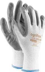 Rękawice ochronne, pokryte szarym nitrylem na białym materiale z niebieskim ściągaczem. Marka Ogrifox. Model: Extra Grip.