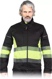 Czarna bluza robocza BAX z żółtymi, odblaskowymi pasami na rękawach i tułowiu. Wykonana z elastycznego materiału typu stretch, zapinana na zamek błyskawiczny. Model męski.