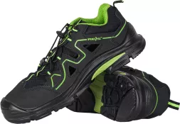 Buty robocze sandały ochronne BREMA S1P w kolorze czarno-zielonym, męskie, z siateczką dla wentylacji, sznurowane, z antypoślizgową podeszwą i ochroną palców.