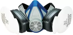 Półmaska ochronna Advantage® 200 LS, niebieski korpus z centralnie umieszczonym zaworem wydechowym, białe filtry po bokach.