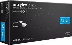Opakowanie czarnych rękawic nitrylowych Nitrylex® black, rozmiar M, zawiera 100 sztuk. Rękawice są bezpudrowe, do badań i ochrony.