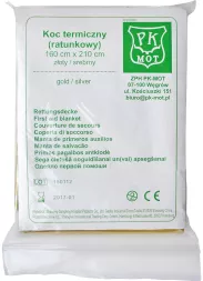 Koc termiczny (ratunkowy) o wymiarach 160 cm x 210 cm, srebrny, wielojęzyczny opis produktu. Opakowanie białe z zielonymi akcentami i symbolami CE.