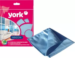 Opakowanie ściereczki z mikrofibry marki York, przeznaczonej do mycia szyb, w kolorze niebieskim. Ściereczka ma wymiary 40x40 cm. Opakowanie jest różowe z grafiką okna i logotypem York.