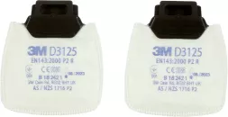 Filtr przeciwpyłowy marki 3M, model Secure Click D3125 P2. Jest to filtr klasy EN149:2001 P2 R, z atestami CE i oznaczeniami spełniającymi normy AS/NZS 1716 P2. Filtry są koloru białego z czarnym złączem.
