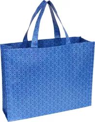 Torba na zakupy reklamowa MAZE, wielorazowa, duża, w kolorze niebieskim, z wzorem geometrycznym. Posiada dwie wygodne rączki do noszenia.