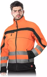 Pomarańczowa kurtka robocza NEMO z elementami odblaskowymi, z czarnymi wstawkami. Zapinana na suwak, z kieszenią na piersi i dwiema bocznymi. Przeznaczona do ochrony i zwiększenia widoczności.