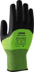 Rękawice ochronne Uvex C500 Wet Plus, kolor zielony z czarnym, wykonane są z materiału odpornego na przecięcia. Posiadają certyfikat CE oraz normę EN 388 (4544). Rozmiar 8.