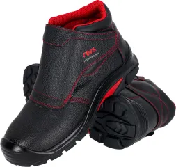 Męskie buty bezpieczne spawalnicze SVAR, wykonane z wytrzymałej skóry, czarne z czerwonymi detalami, z solidną antypoślizgową podeszwą. Zapewniają ochronę i komfort podczas pracy.