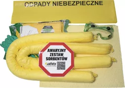 Zestaw sorbentów do chemii ADR zawiera żółte węże sorbentowe, rękawice, worki na odpady z napisem 