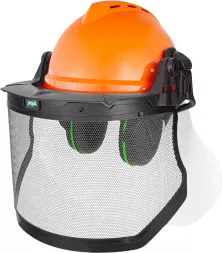 Zestaw hełmowy Forestry Kit w kolorze pomarańczowym, wyposażony w ochronną siatkę oraz nauszniki przeciwhałasowe, przeznaczony do pracy w leśnictwie.