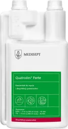 Quatrodes® Forte to koncentrat do mycia i dezynfekcji powierzchni, o działaniu bakteriobójczym, grzybobójczym i wirusobójczym. Produkt zalecany do stosowania na różnych powierzchniach. Pojemność 1 litr.