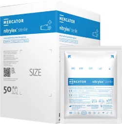 Sterylne rękawice nitrylowe bezpudrowe nitrylex® sterile, opakowanie 50 sztuk, produkt marki Mercator, dostępne w różnych rozmiarach.
