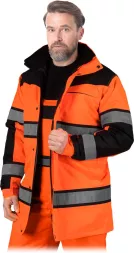 Męska kurtka ochronna MILLING-LJ w kolorze pomarańczowym z czarnymi i szarymi elementami odblaskowymi. Ocieplana, przedłużana parka robocza z kieszeniami i zapięciem na rzepy.