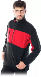 Męska bluza polarowa dwukolorowa, czarno-czerwona, z wysokim kołnierzem i zamkiem błyskawicznym. Model POLAR-DOBLE, zaprojektowana jako bluza ochronna.