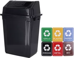 Kosz na śmieci BINPACK z pokrywą typu push, przeznaczony do segregacji odpadów. Dostępne oznaczenia: szkło, plastik, papier, zmieszane, metal, bio. Kolor czarny, pojemnik prostokątny.