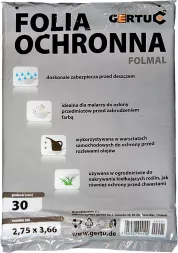 Opakowanie folii ochronnej marki Gertuc, o wymiarach 2,75 m x 3,66 m, zawiera 30 arkuszy. Produkt idealny do malowania i prac dekoracyjnych, zabezpiecza powierzchnie przed zabrudzeniami i farbą.