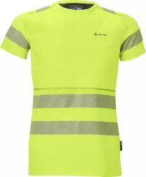 T-shirt męski w jaskrawożółtym kolorze, z krótkim rękawem i odblaskowymi pasami wokół tułowia oraz rękawów. Posiada logo na piersi.