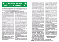 Znak przedstawia instrukcję pierwszej pomocy w nagłych wypadkach, zawierającą szczegółowe wskazówki i procedury BHP dotyczące udzielania pomocy poszkodowanym. Tekst podzielony jest na trzy kolumny.