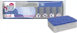 Opakowanie zawiera 10 gąbek kuchennych z niebieską stroną ścierną i białą gąbką. Produkt posiada właściwości antybakteryjne Bacteria Stop, obiecując utrzymanie higieny do 10 tygodni.