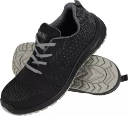 Lekkie buty robocze S1 BRDROP w kolorze czarnym z szarymi sznurówkami, wyposażone w podnosek i antypoślizgową podeszwę. Wzór na cholewce z drobnymi, jasnymi elementami.