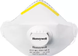Biała półmaska przeciwpyłowa marki Honeywell z żółtymi elementami i środkowym zaworem. Model 4111 MIL FFP1 NR D, napisy i numeracja na froncie.