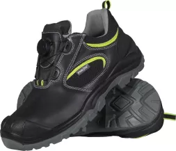 Buty robocze skórzane GRU S1 z podnoskiem i systemem wiązania. Model bezpieczny, z wytrzymałą podeszwą o wysokiej przyczepności. Czarne z elementami szaro-zielonymi, idealne do pracy wymagającej ochrony stóp.