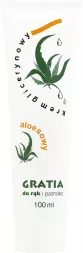 Opakowanie kremu do rąk i paznokci GRATIA, 100 ml. Produkt zawiera aloes, co jest wyróżnione na etykiecie grafiką roślinną i napisem 