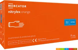 Rękawice nitrylowe diagnostyczne nitrylex orange, bezpudrowe, rozmiar M, 100 sztuk w opakowaniu. Kolor pomarańczowy. Przeznaczone do badań i ochrony.