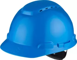 Hełm ochronny 3M H-700 w kolorze niebieskim, wykonany z tworzywa HDPE, wyposażony w wywietrzniki i regulowany pasek wewnętrzny.
