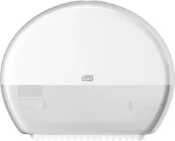 Dozownik TORK Smartone Elevation do centralnie dozowanego papieru toaletowego, o okrągłym, półprzezroczystym białym designie, umożliwiający kontrolę ilości zużywanego papieru.