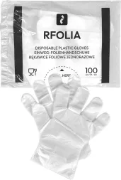 Rękawiczki jednorazowe foliowe FOLIA, 100 sztuk. Przeznaczone do ochrony dłoni, wykonane z przezroczystej folii. Produkt pakowany w opakowanie z oznaczeniem.