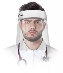 Higieniczna osłona twarzy OTT z przezroczystą szybą i białą taśmą opasującą głowę, zapewniająca ochronę całej twarzy.