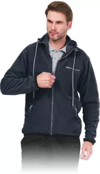 Męski granatowy polar z kapturem i kieszeniami na zamek, zapinany na pełny zamek błyskawiczny, model HOOD. Bluza ochronna o casualowym kroju.