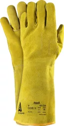 Rękawice ochronne WorkGuard™ 43-216, żółte, wykonane z materiału przypominającego zamsz. Na rękawicy widoczne oznaczenie CE oraz znak zgodności z normami europejskimi.