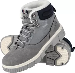 Damskie zimowe buty trzewiki trapery LIVIGNO w kolorze szarym z wysoką, ocieplaną cholewką, solidną podeszwą i metalowymi oczkami do sznurowadeł. Model zapewnia komfort i ochronę w chłodne dni.
