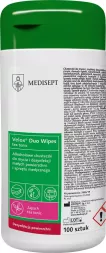 Velox Duo Wipes to alkoholowe chusteczki do mycia i dezynfekcji powierzchni, zapakowane w puszkę. Produkt zawiera 100 sztuk chusteczek, przeznaczony do szybkiej dezynfekcji różnych powierzchni.