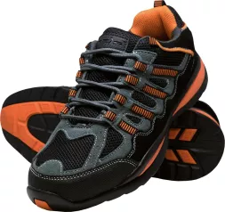 Buty robocze z podnoskiem NIGER SB, w kolorze czarno-pomarańczowym, z siateczkową cholewką, solidną podeszwą antypoślizgową i sznurowaniem zapewniającym dobrą stabilizację stopy.