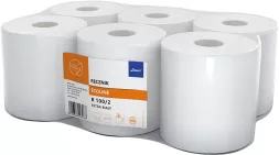 Sześć białych rolek ręczników papierowych, każda rola z dużym otworem w środku, zapakowane razem. Na opakowaniu etykieta z nazwą i kodem produktu.